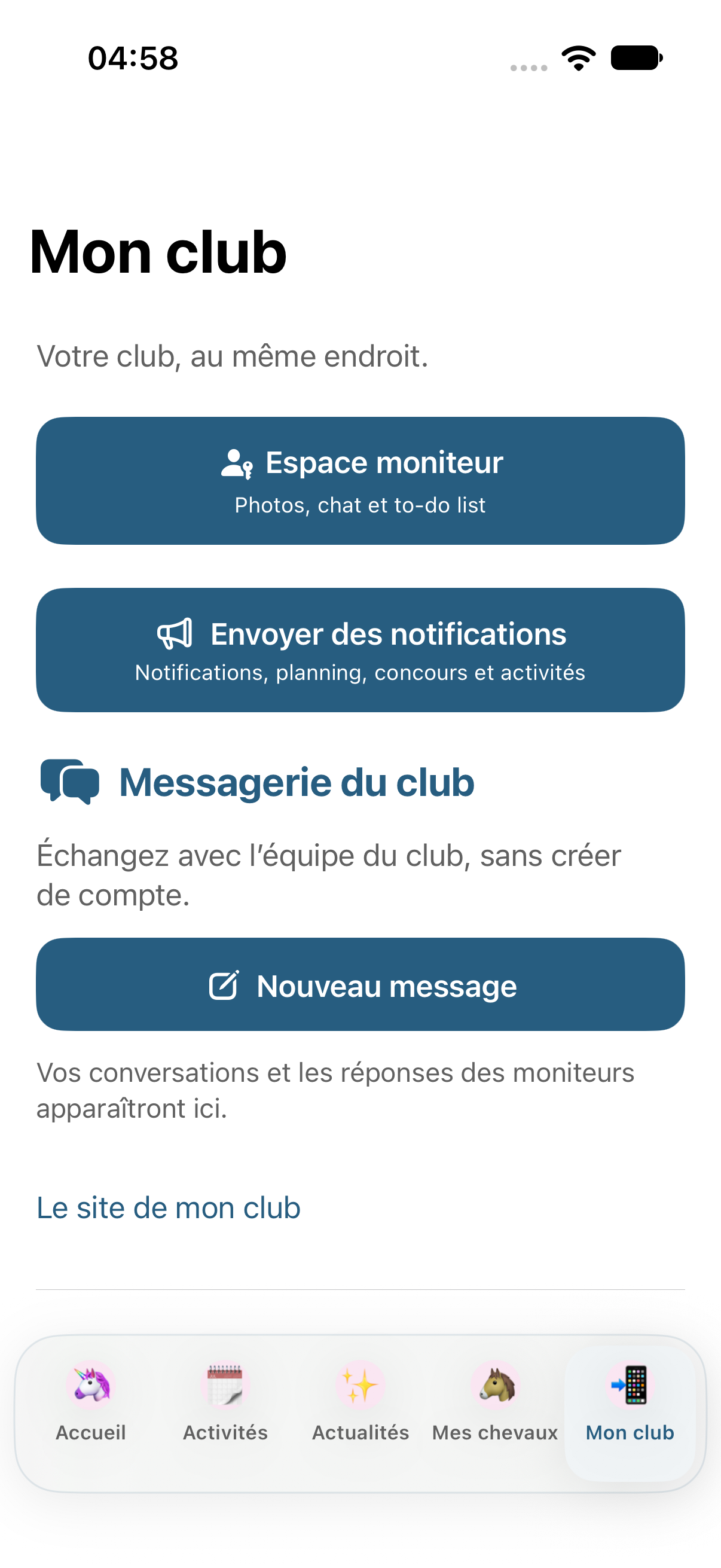 Espace Mon club : outils de l’équipe, notifications et messagerie.