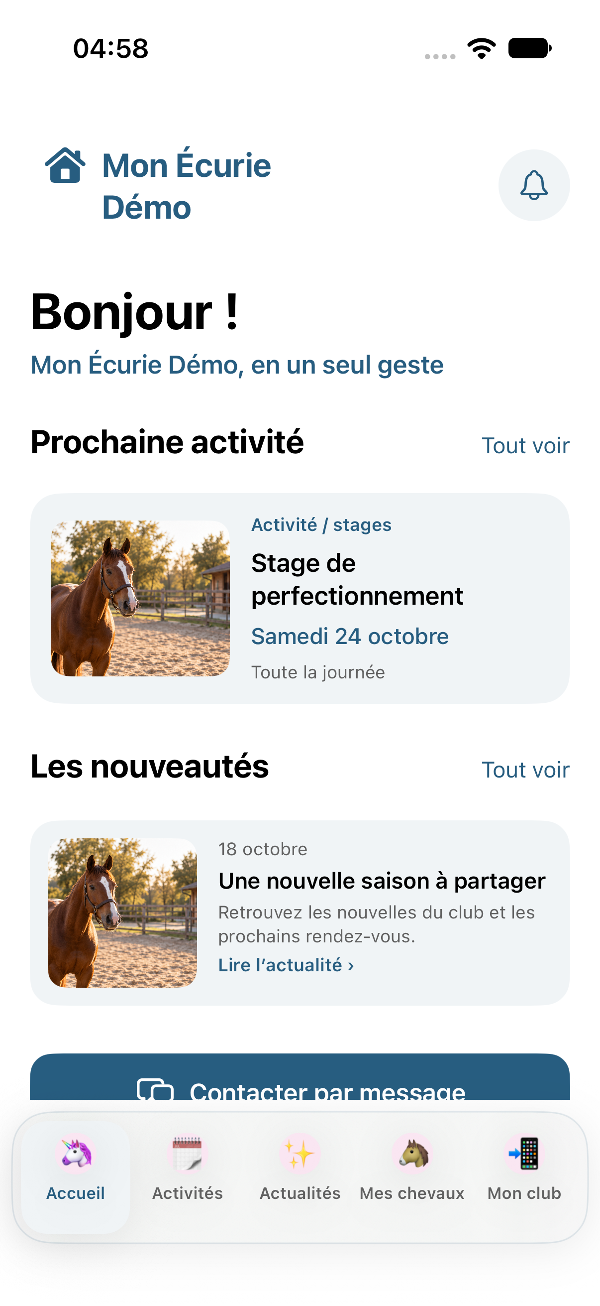 Accueil de Mon Écurie Démo : prochaine activité et nouveautés du club.